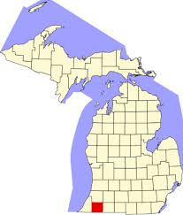 Image of a map that includes the upper and lower peninsulas of Michigan with all counties outlined. Cass county is highlighted in red in the lower left corner to identify where the county is located in Michigan.